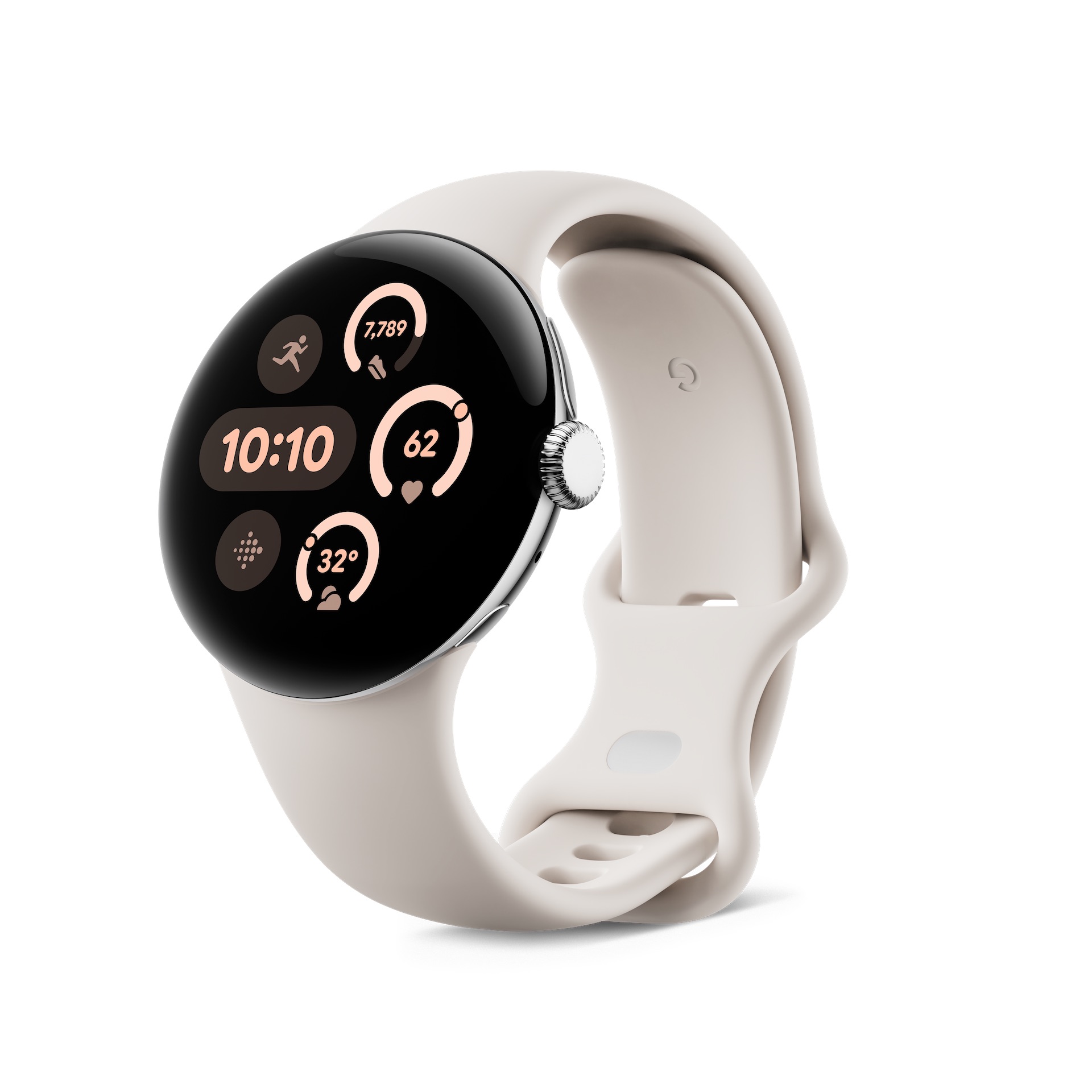 Pixel 9 系列、Pixel Watch 3、Pixel Buds Pro 2 發表會重點一次看 04.Google Pixel Watch 41mm 金屬銀不鏽鋼錶殼 陶瓷米運動錶帶 側面
