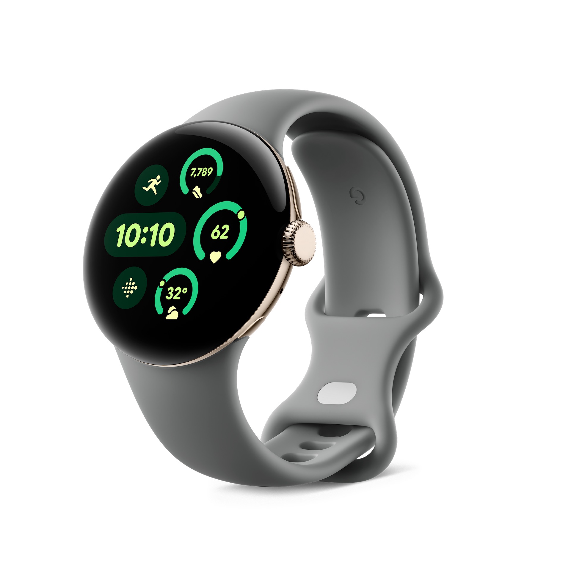 Pixel 9 系列、Pixel Watch 3、Pixel Buds Pro 2 發表會重點一次看 06.Google Pixel Watch 41mm 香檳金不鏽鋼錶殼 霧灰色運動錶帶 側面
