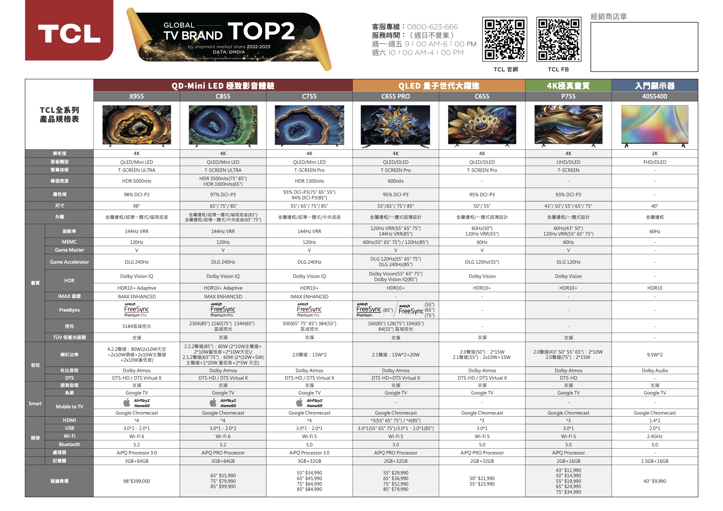 TCL 2024 四款美型 AI 智慧顯示器登台，頂規 85" 大尺寸十萬有找 TCL全系列產品規格表 DM 1