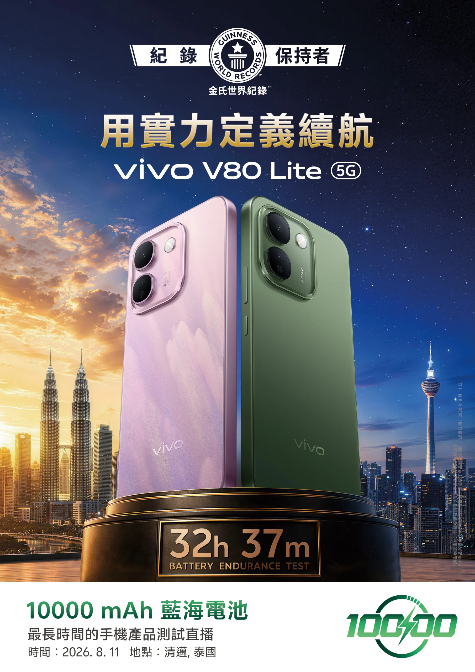 vivo V80 Lite 10/1 台灣上市：10,000mAh 超大電池、IP69 防水，售價 16,990 元起 【vivo 新聞照片1】vivo V80 Lite 專為長時間戶外工作者與重度娛樂使用者打造，搭載革命性 10000mAh 超能續航藍海大電池，並榮獲「金氏世界紀錄認證最長續航電子產品測試」 scaled