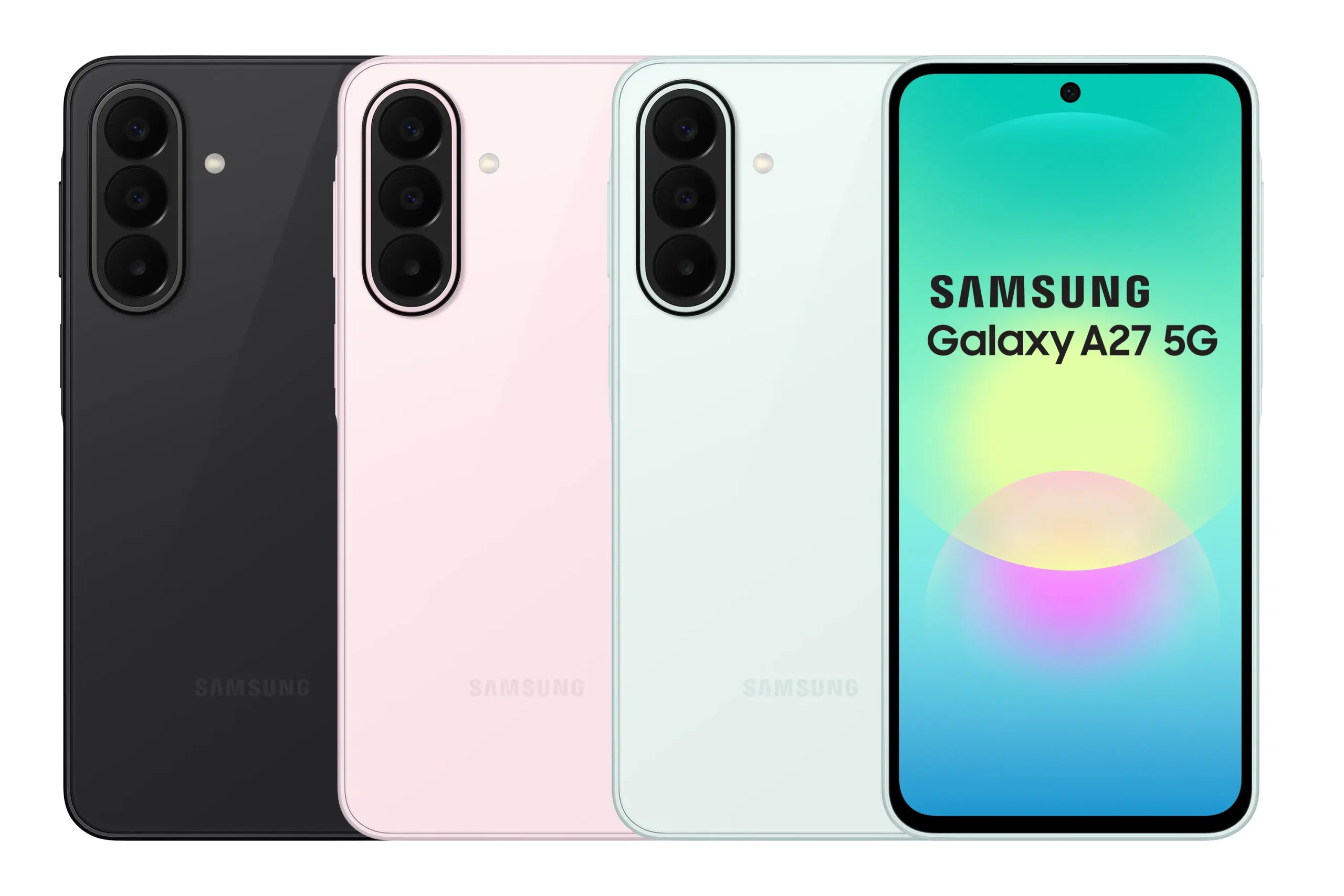 三星 Galaxy A27 5G 在台登場：6.7 吋大螢幕、5000mAh 電量、Awesome Intelligence AI 功能一次看 【新聞圖片3】Galaxy A27 5G 8GB RAM 128GB版本提供潮玩黑、心動綠、美拍粉三款風格配色，售價 NT11990；8GB RAM256GB 版本則提供心動綠、美拍粉兩色，售價NT13490。 scaled