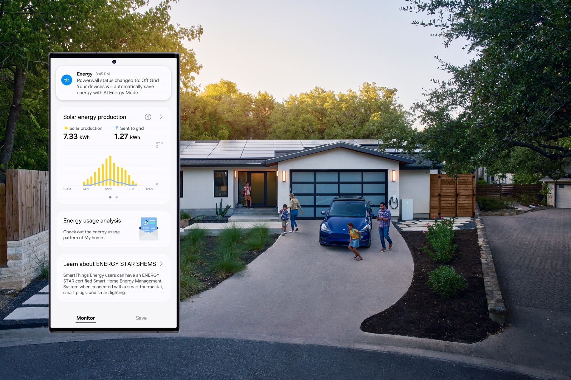 三星於 CES 2024 宣佈與 Tesla 聯手 達成 SmartThings Energy 服務整合 【新聞圖片】模擬圖（僅供示意參考）：附有SmartThings應用程式的手機圖示，用於提醒Tesla Powerwall狀態、啟用 AI Energy Mode
