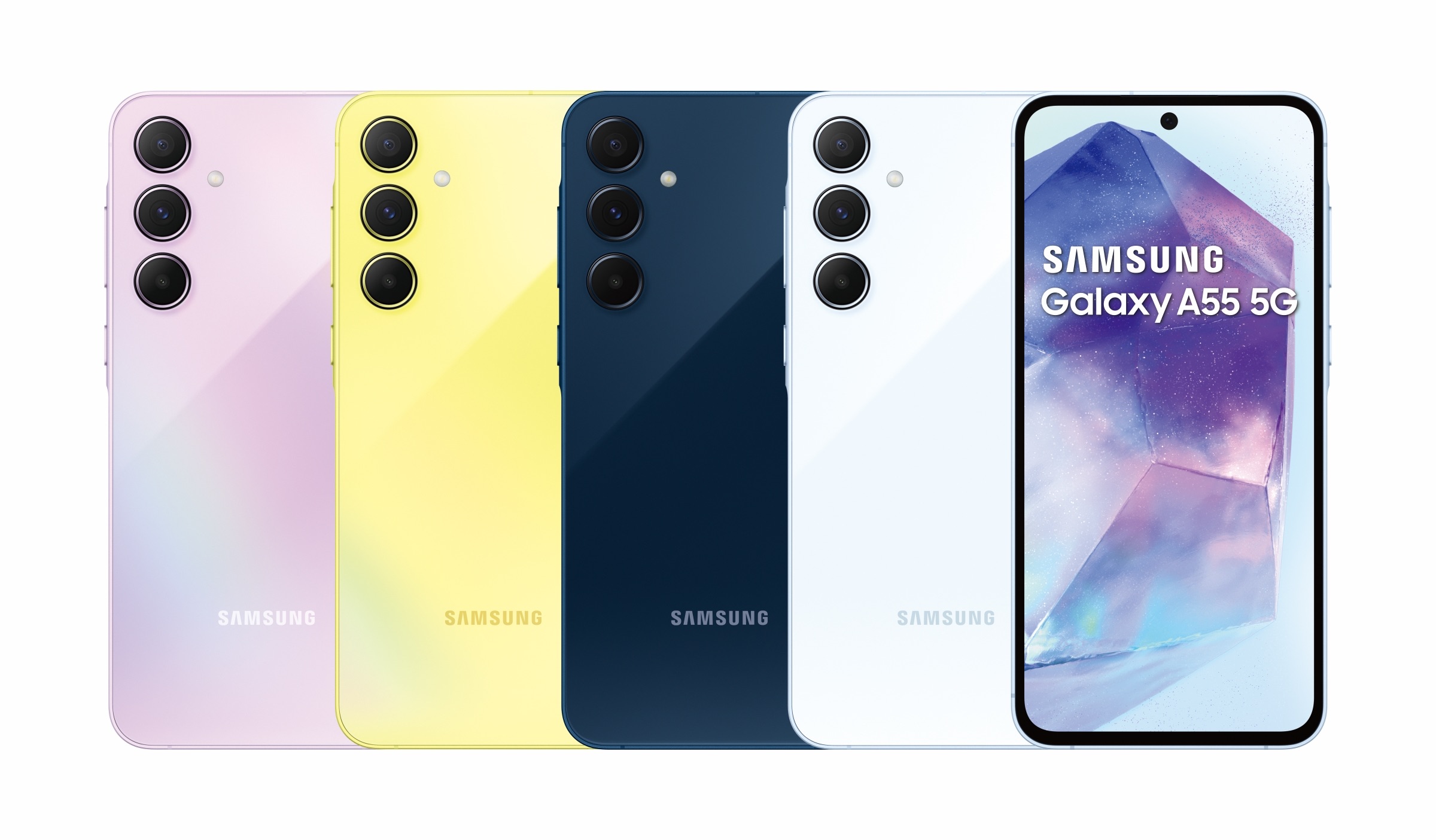 新一代銷量冠軍？三星 Galaxy A55 5G、Galaxy A35 5G 宣布上市 【新聞照片02】Galaxy A55 5G共推出雪沙紫、凍檸黃、冰藍莓、蘇打藍四款顏色