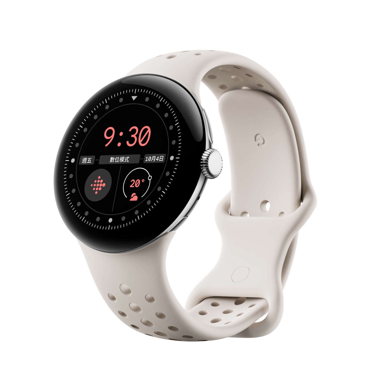 Pixel 9 系列、Pixel Watch 3、Pixel Buds Pro 2 發表會重點一次看 大02.Google Pixel Watch 45mm 金屬銀不鏽鋼錶殼 陶瓷米運動錶帶 側面