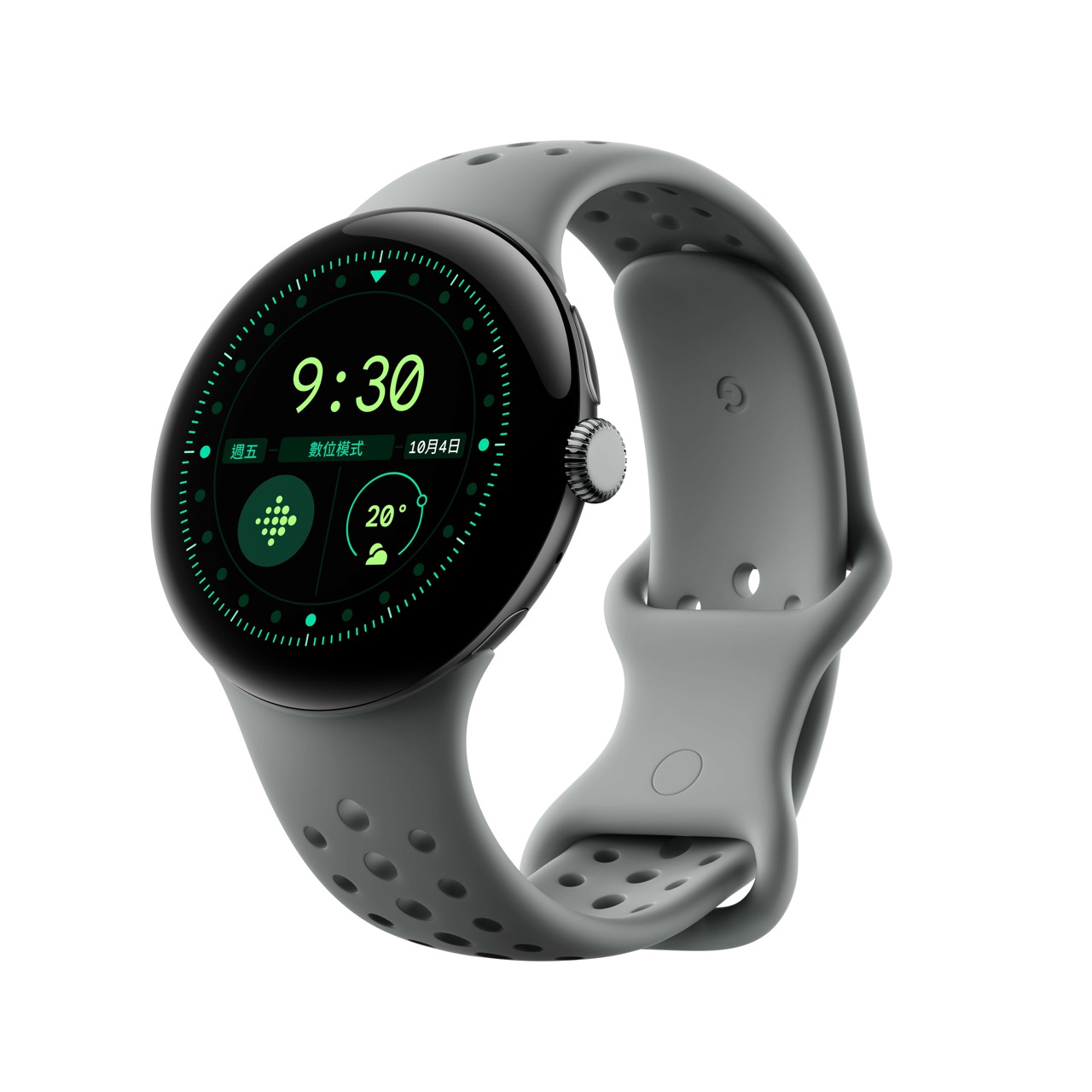 Pixel 9 系列、Pixel Watch 3、Pixel Buds Pro 2 發表會重點一次看 大04.Google Pixel Watch 45mm 淺霧灰不鏽鋼錶殼 霧灰色運動錶帶 側面