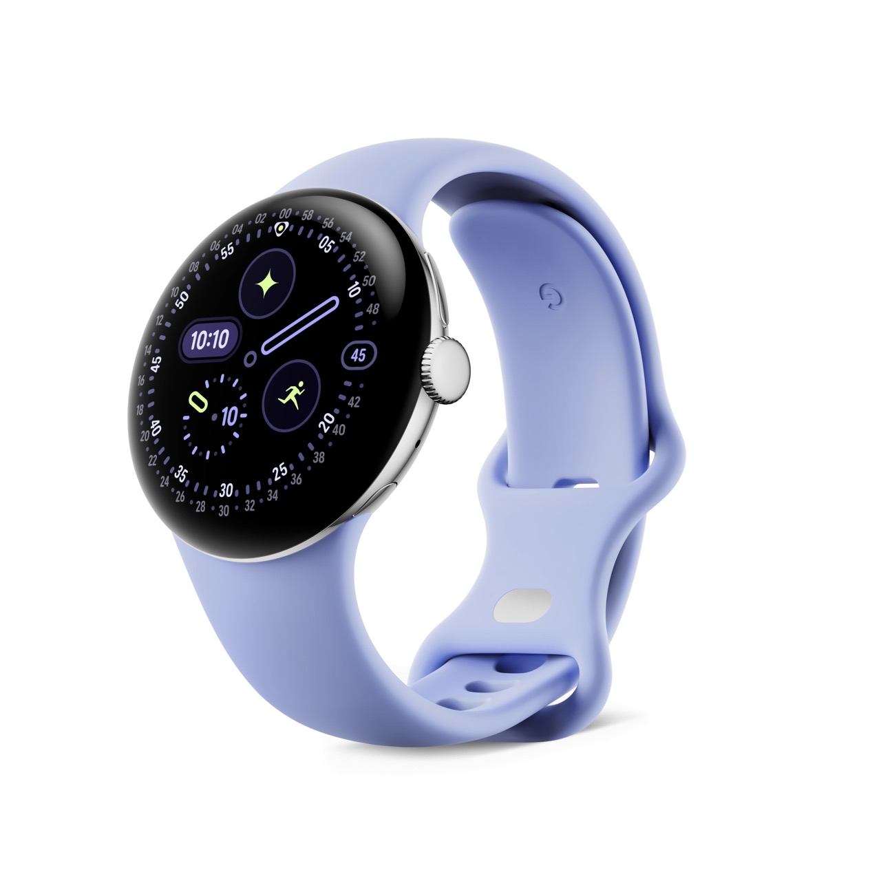 大08. Google Pixel Watch 41mm 金屬銀不鏽鋼錶殼 鳶尾紫運動錶帶 右側 Made by Google '25 六大新品總整理:台灣售價、上市日期 大08. Google Pixel Watch 41mm 金屬銀不鏽鋼錶殼 鳶尾紫運動錶帶 右側