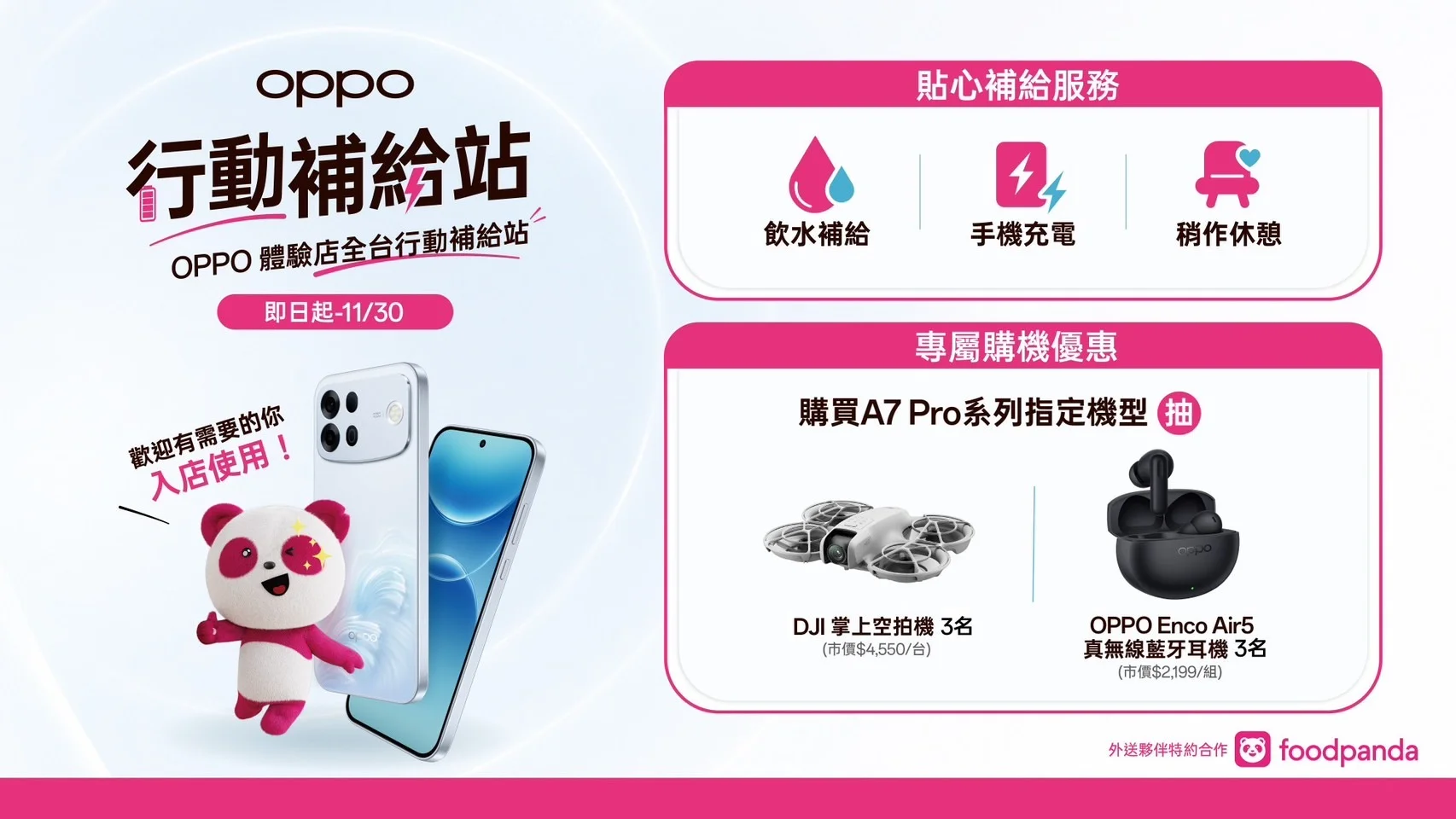 OPPO A7 Pro Max、A7 Pro 台灣上市：10000mAh 大電池、IP69K 防水，售價 13,990 元起 攜手 foodpanda 推出「外送夥伴專屬合作」OPPO 全台共11家體驗店化身「行動補給站」提 供免費充電與休息服務，外送夥伴購買 A7 Pro 系列，登錄再享專屬抽獎活動與專人服務。